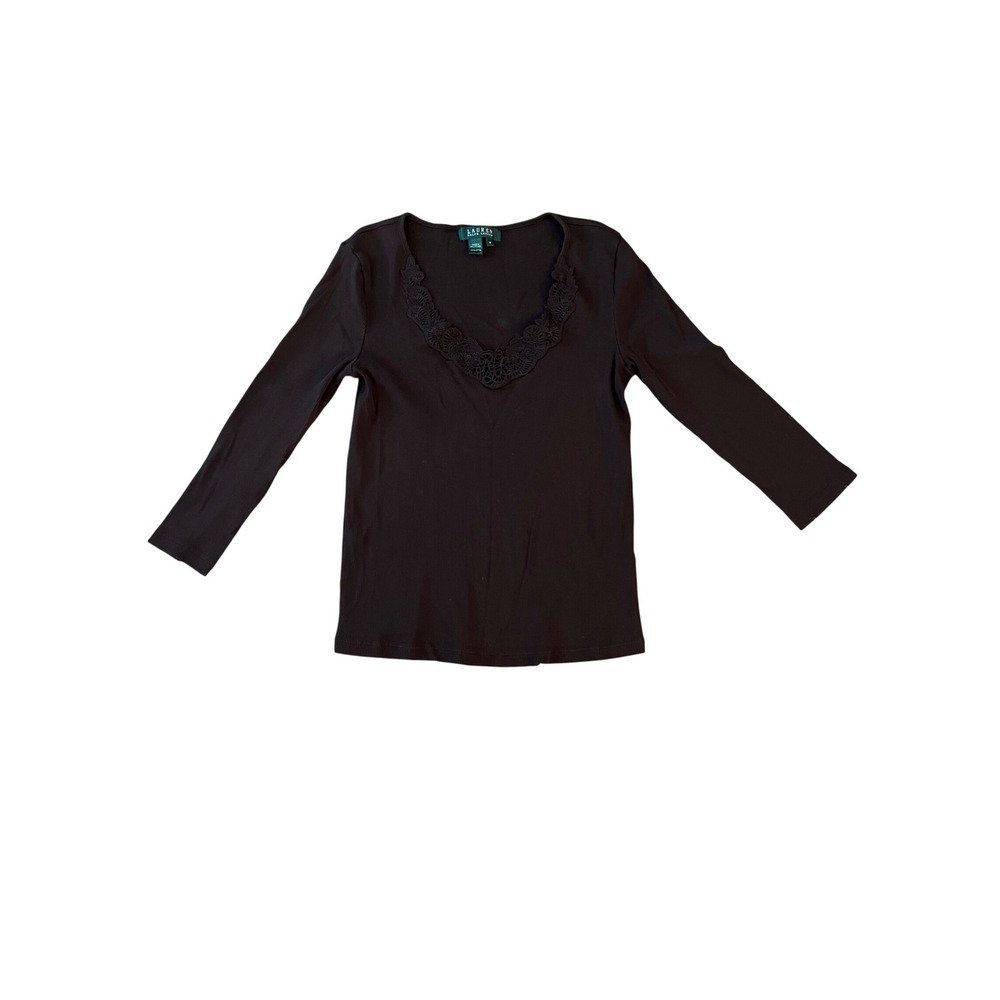 Lauren Ralph Lauren Brown Ribbed Cotton Lace Trim V-Neck Long Sleeve Top M lace